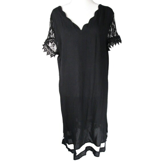 Black Knee Length Dress Lace Sleeves Sculpted Neckline Peak A Boo Hem R166 - Picture 1 of 11